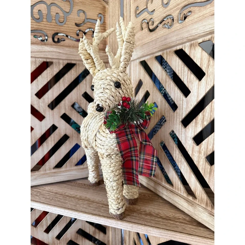 Martha Stewart Woven‎ Straw Deer Decor with Plaid Bow